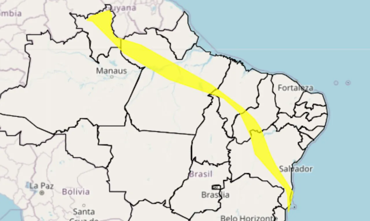 Trata-se de um alerta amarelo para chuvas e ventos intensos nas regiões norte e nordeste